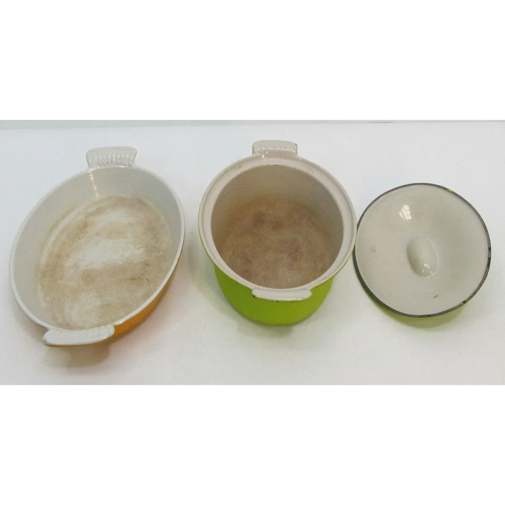 VG LE CREUSET CAST IRON 28 Yellow ORANGE CASSEROLE BAKING DISH FRANCE Green Lid - Picture 7 of 10